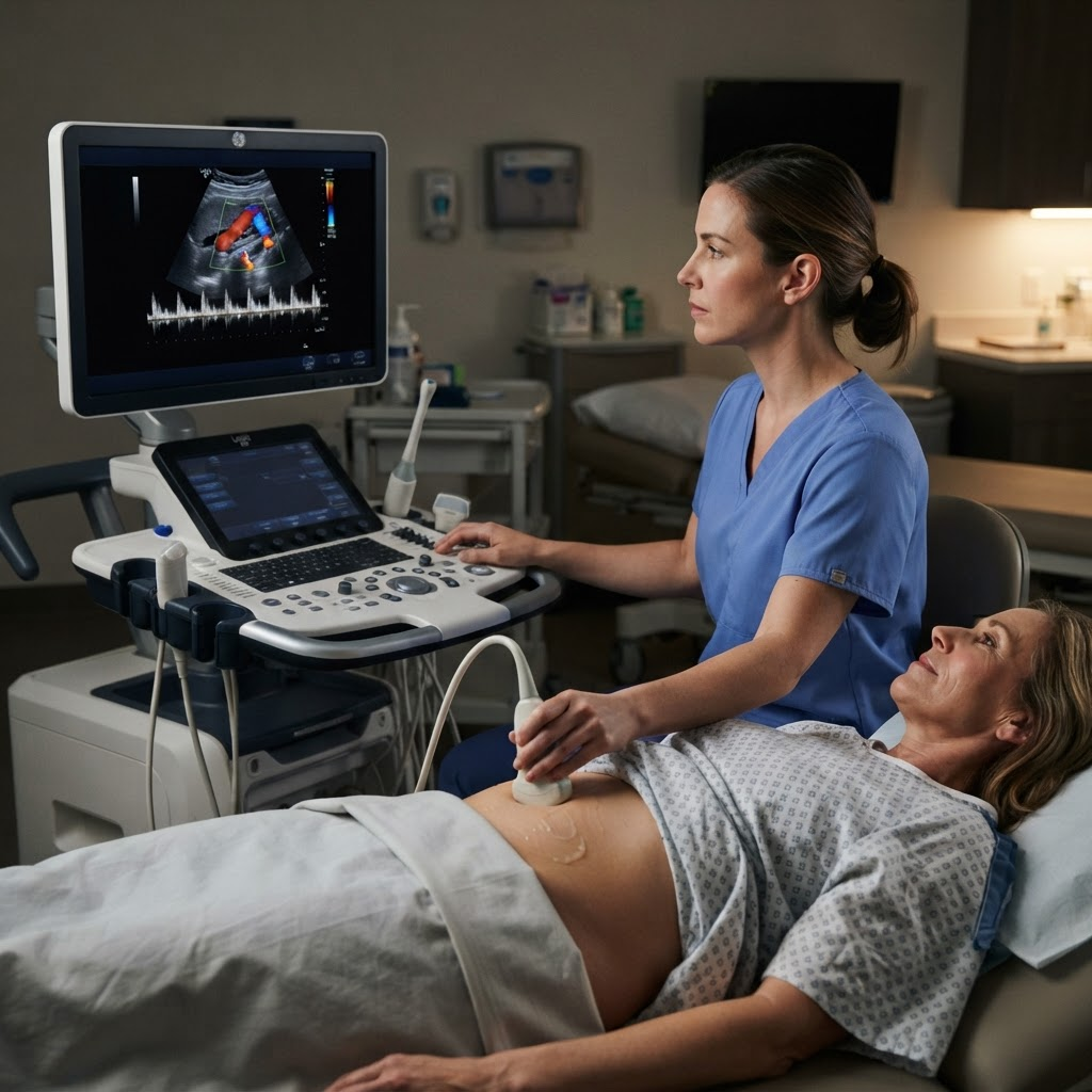 Imagem educativa sobre Eco Doppler da Veia Cava Inferior e das Veias Ilíacas