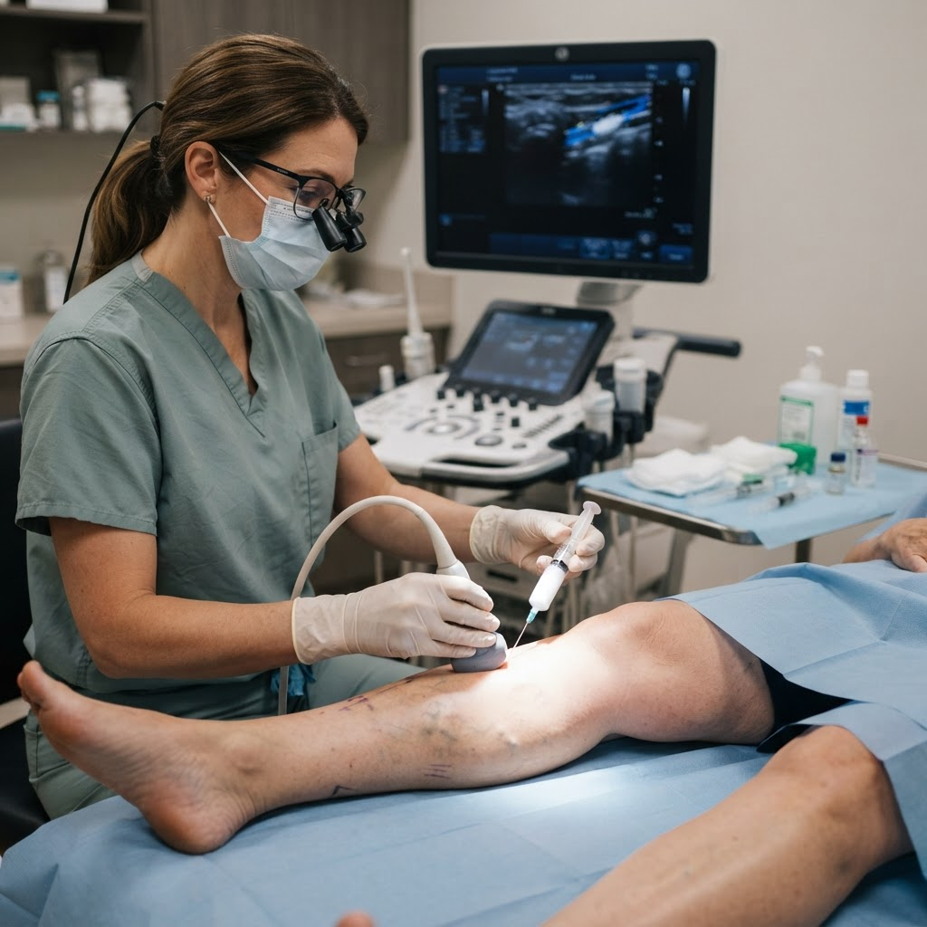 Imagem educativa sobre Escleroterapia com Espuma (Guiada e Não Guiada)